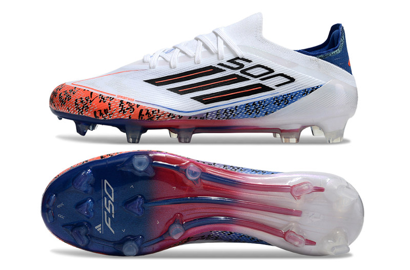 Chuteira Campo Adidas F50 FG Branca, Laranja e Azul