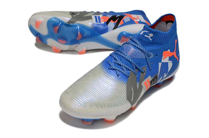 Chuteira Campo Puma Future 8 FG Cinza e Azul "Forever"