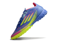 Chuteira Society Adidas F50 TF Azul, Verde e Rosa "Celestial Victory"