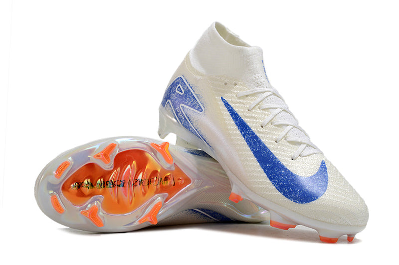 Chuteira Infantil Campo Nike Air Zoom Mercurial Superfly 10 Elite FG Branca, Azul e Laranja "Blueprint Pack"