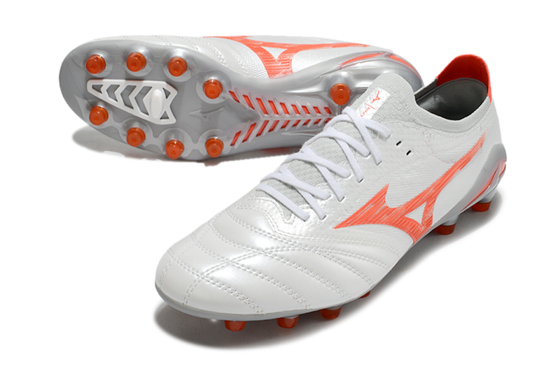 Chuteira Campo Mizuno Morelia Neo 4 Beta FG Branca e Laranja