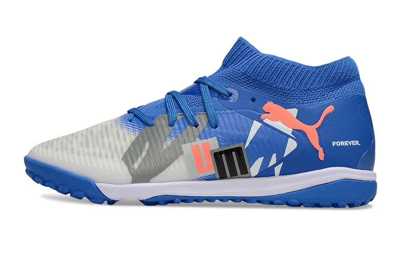 Chuteira Society Puma Future 8 TF Azul e Cinza "Forever"