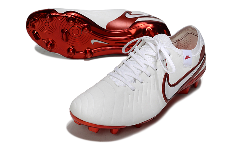 Chuteira Campo Nike Tiempo Legend 10 Elite FG Branca e Vermelha "Chromatic"
