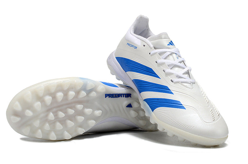 Chuteira Infantil Society Adidas Predator Elite TF Branca e Azul "Kvara Pack"