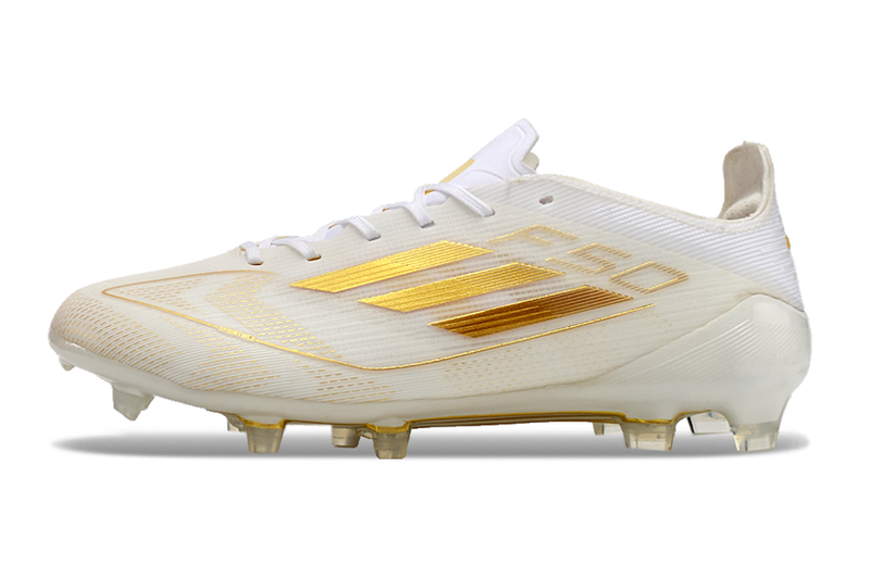 Chuteira Infantil Campo Adidas F50 TF Branca e Dourada "Day Spark Pack"