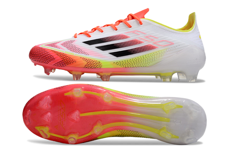 Chuteira Campo Adidas F50 FG Branca, Laranja e Amarelo