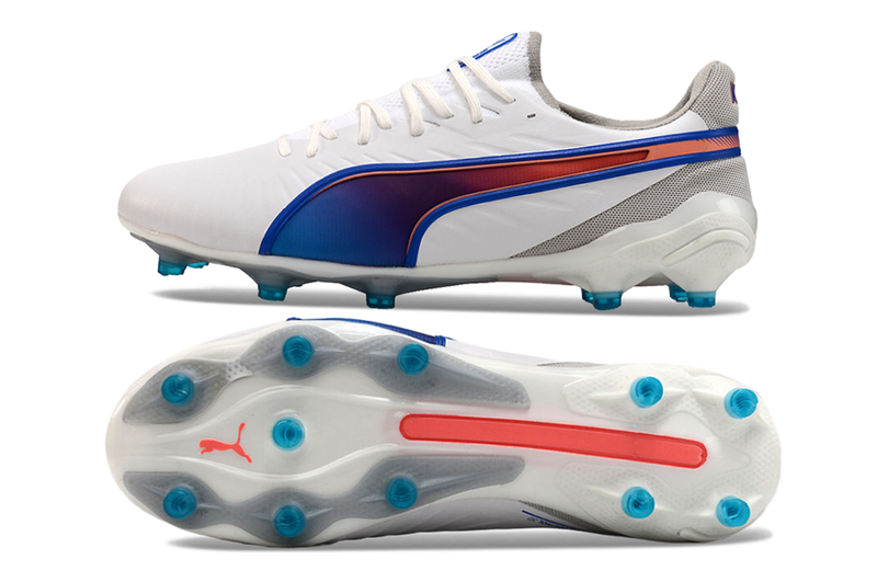 Chuteira Campo Puma King Ultimate FG Branca e Azul "Supercharge"