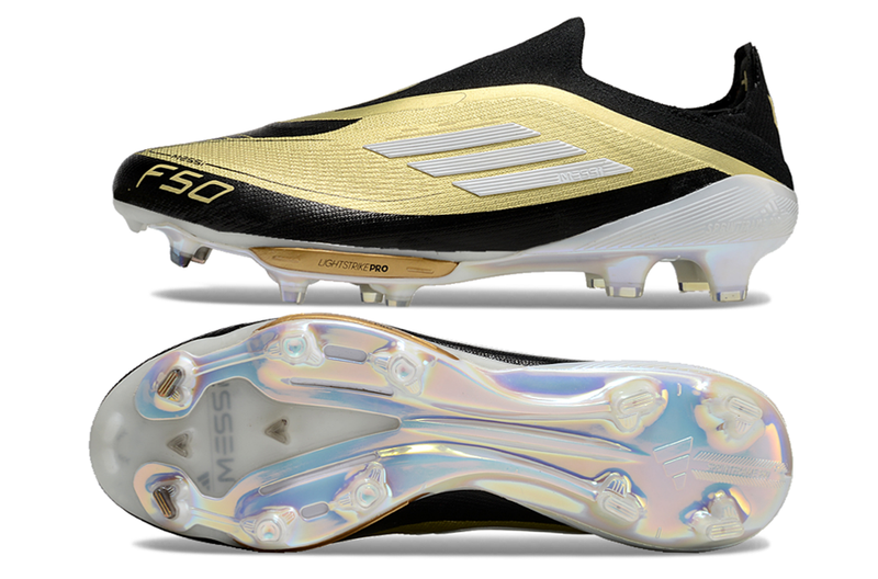 Chuteira Campo Adidas F50+ LL Messi FG Preto e Dourado "Triunfo Dorado Pack"