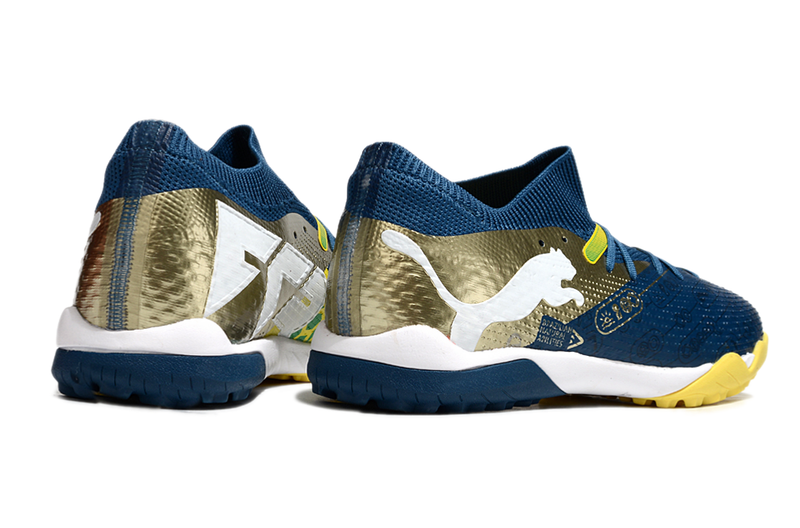 Chuteira Society Puma Future 7 TF Azul e Amarelo "Njr"