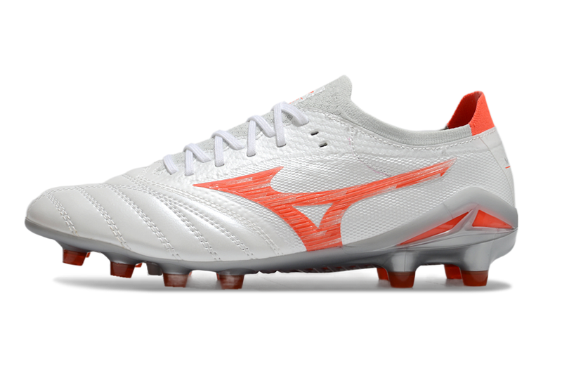 Chuteira Campo Mizuno Morelia Neo 4 Beta FG Branca e Laranja