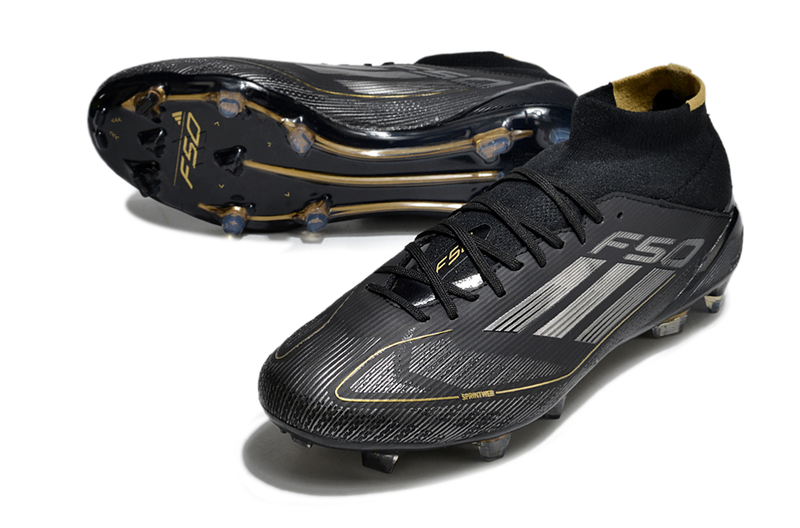 Chuteira Campo Adidas F50 Cano Médio FG Preto e Dourado