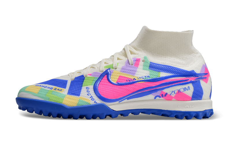 Chuteira Infantil Society Nike Air Zoom Mercurial Superfly 9 Elite TF Branca, Azul e Rosa "SoCal Pack"