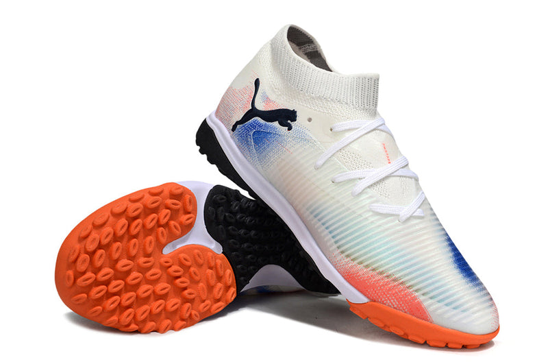 Chuteira Society Puma Future 8 TF Branco, Laranja e Azul