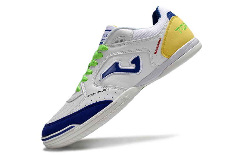 Chuteira Futsal Joma Top Flex Rebound IC Branca, Azul, Verde e Amarelo