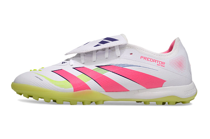 Chuteira Society Adidas Predator League Elite TF Branco, Rosa e Verde "Celestial Victory"