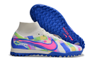 Chuteira Infantil Society Nike Air Zoom Mercurial Superfly 9 Elite TF Branca, Azul e Rosa "SoCal Pack"