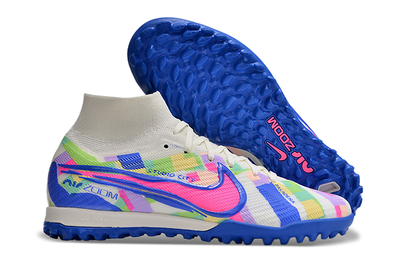 Chuteira Infantil Society Nike Air Zoom Mercurial Superfly 9 Elite TF Branca, Azul e Rosa "SoCal Pack"