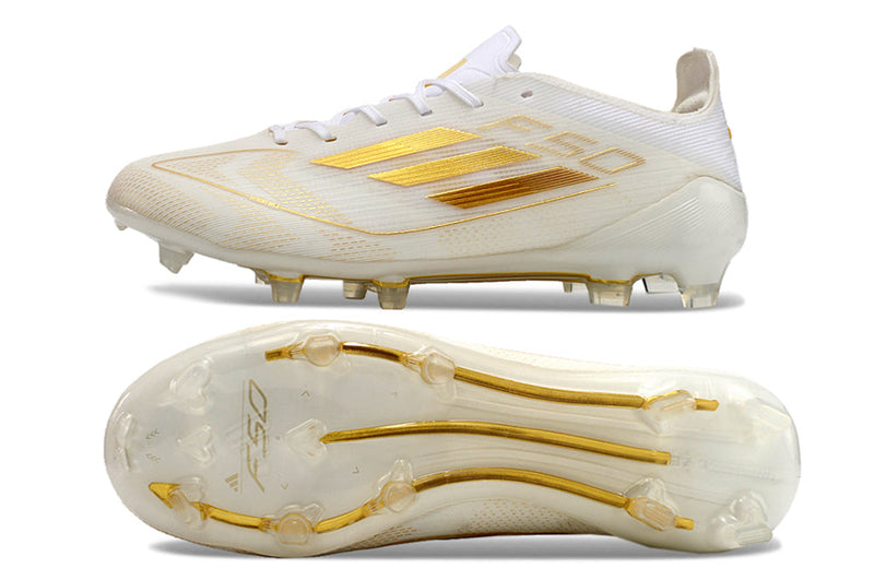 Chuteira Campo Adidas F50 FG Branca e Dourada "Day Spark Pack"