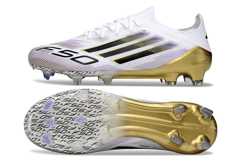 Chuteira Campo Adidas F50 FG Branca e Dourada