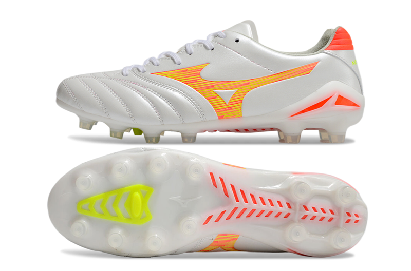 Chuteira Campo Mizuno Morelia Neo 4 Beta FG Branca e Laranja
