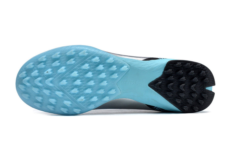 Chuteira Infantil Society Adidas X Crazyfast. Messi.1 TF Prata e Azul "Infinito"