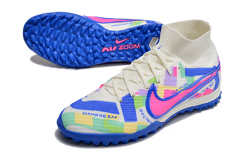 Chuteira Infantil Society Nike Air Zoom Mercurial Superfly 9 Elite TF Branca, Azul e Rosa "SoCal Pack"