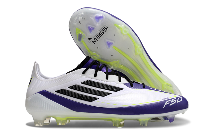 Chuteira Campo Adidas F50 FG Messi Branca, Roxa e Verde "Triunfo Estelar"