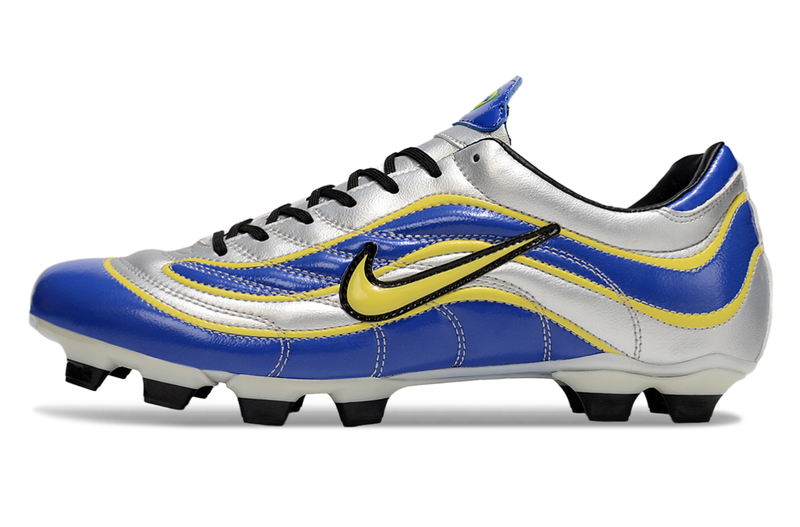 Chuteira Campo Nike Mercurial Vapor 1998 FG Prata, Azul e Amarelo "R9"