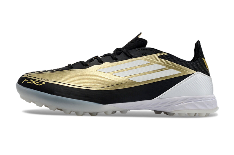 Chuteira Infantil Society Adidas F50 TF Dourada e Preta "Triunfo Dorado Pack"