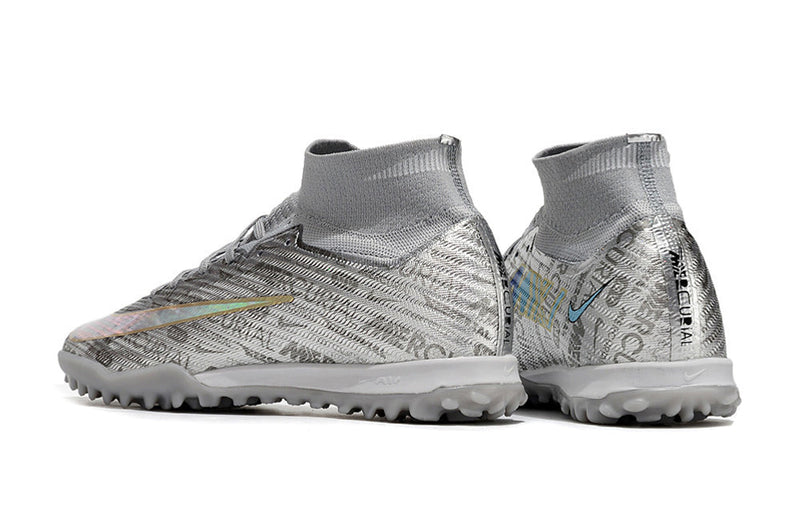 Chuteira Infantil Society Nike Air Zoom Mercurial Superfly 9 Elite TF Prata "Anniversary 25 Years Pack"