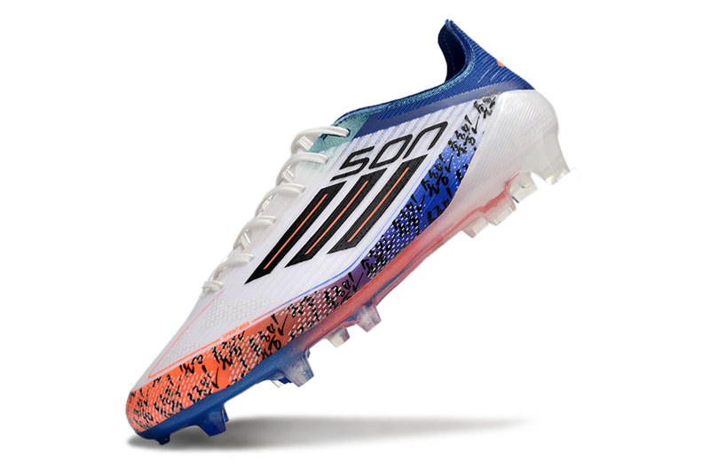 Chuteira Campo Adidas F50 FG Branca, Azul e Laranja