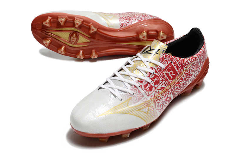 Chuteira Campo Mizuno Alpha FG Branca, Vermelho e Dourado "Signature Pack"
