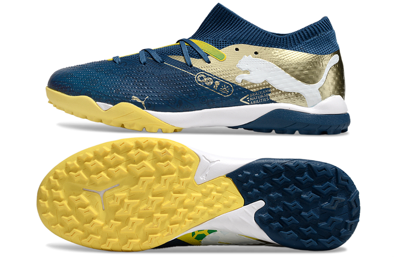 Chuteira Society Puma Future 7 TF Azul e Amarelo "Njr"
