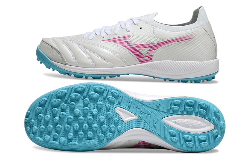Chuteira Society Mizuno Morelia Neo Sala TF Branca, Azul e Rosa