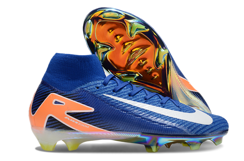 Chuteira Campo Nike Air Zoom Mercurial Superfly 10 Elite FG Azul, Branca e Laranja