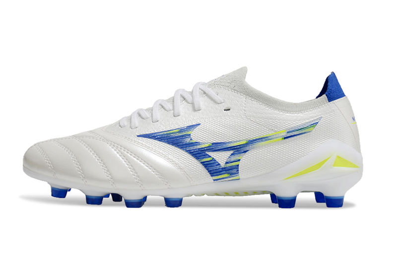 Chuteira Campo Mizuno Morelia Neo 4 Beta FG Branca, Azul e Verde