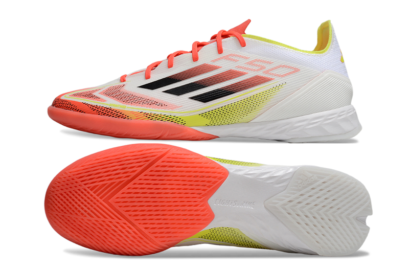 Chuteira Futsal Adidas F50 IC Branca, Laranja e Amarelo