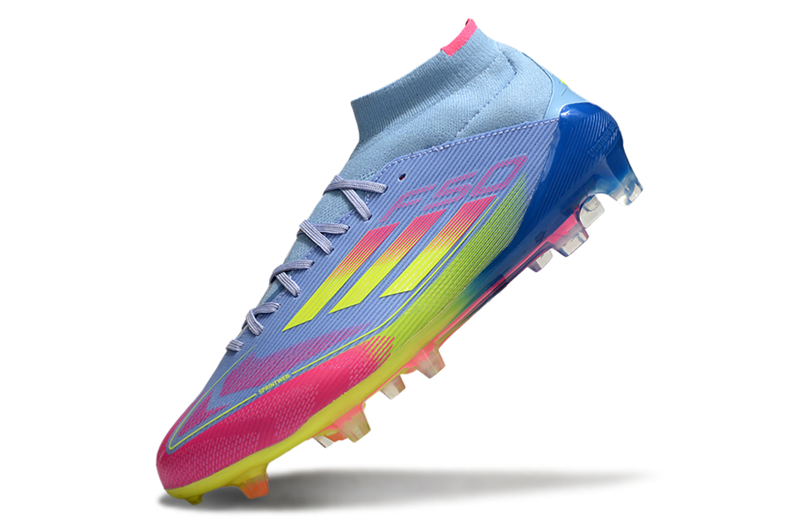 Chuteira Campo Adidas F50 Cano Médio FG Azul e Rosa "Celestial Victory"