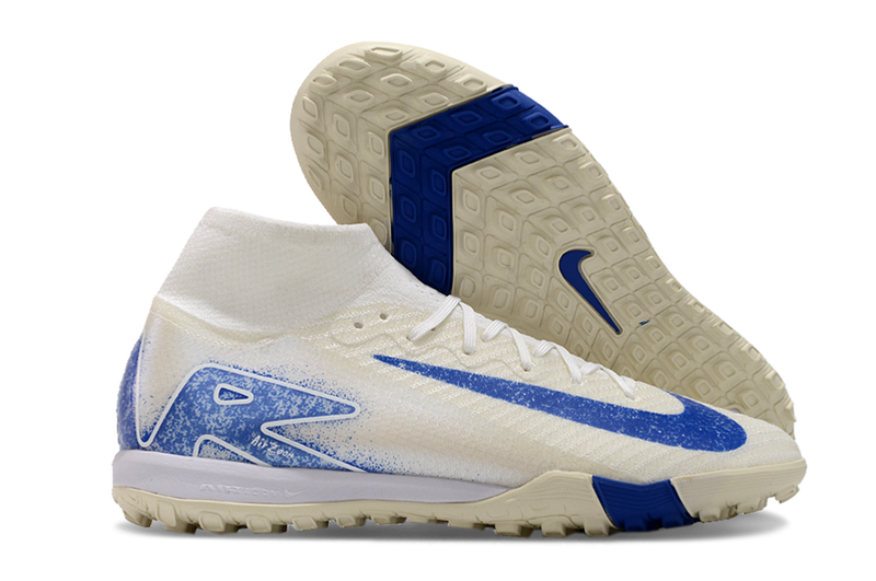 Chuteira Infantil Society Nike Air Zoom Mercurial Superfly 10 Elite TF Branca e Azul "Blueprint Pack""