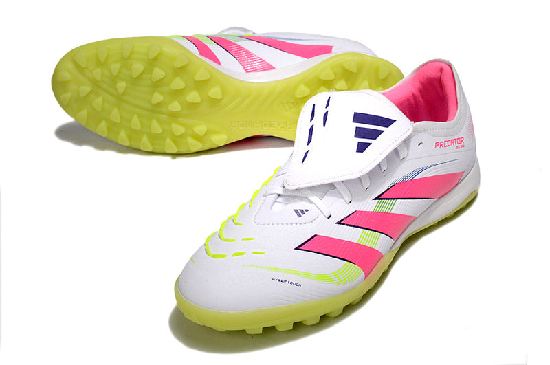 Chuteira Society Adidas Predator League Elite TF Branco, Rosa e Verde "Celestial Victory"
