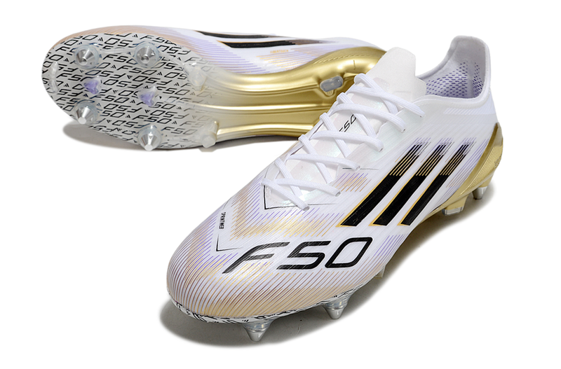 Chuteira Campo Adidas F50 Ponta de Aluminio Branco, Preto e Dourado