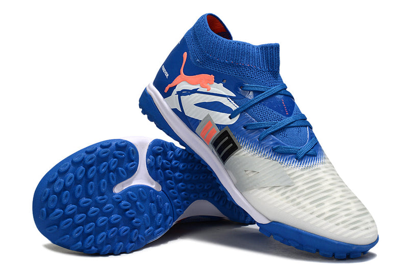 Chuteira Society Puma Future 8 TF Azul e Cinza "Forever"