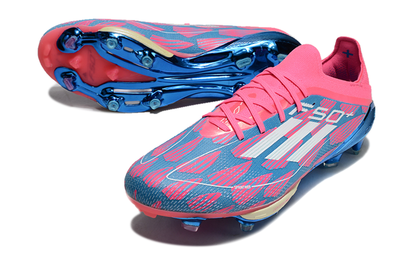 Chuteira Campo Adidas F50+ FG Rosa, Azul e Branca "Reemergence Pack"