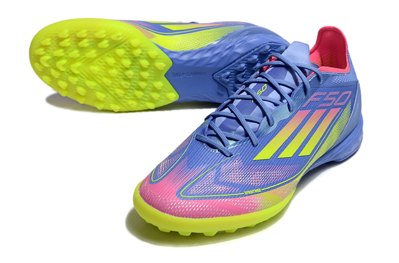 Chuteira Society Adidas F50 TF Azul, Verde e Rosa "Celestial Victory"