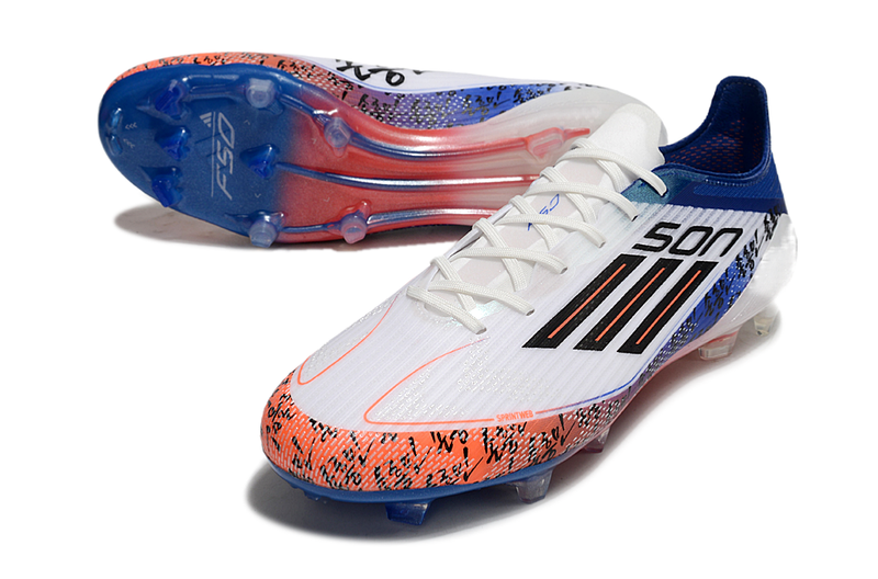 Chuteira Campo Adidas F50 FG Branca, Azul e Laranja