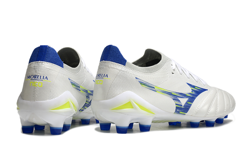 Chuteira Campo Mizuno Morelia Neo 4 Beta FG Branca, Azul e Verde