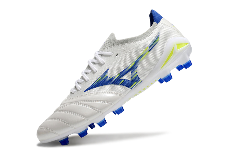 Chuteira Campo Mizuno Morelia Neo 4 Beta FG Branca, Azul e Verde