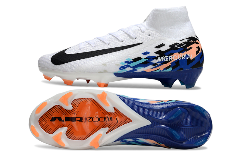 Chuteira Campo Nike Air Zoom Mercurial Superfly 10 Elite FG Branca, Azul e Laranja