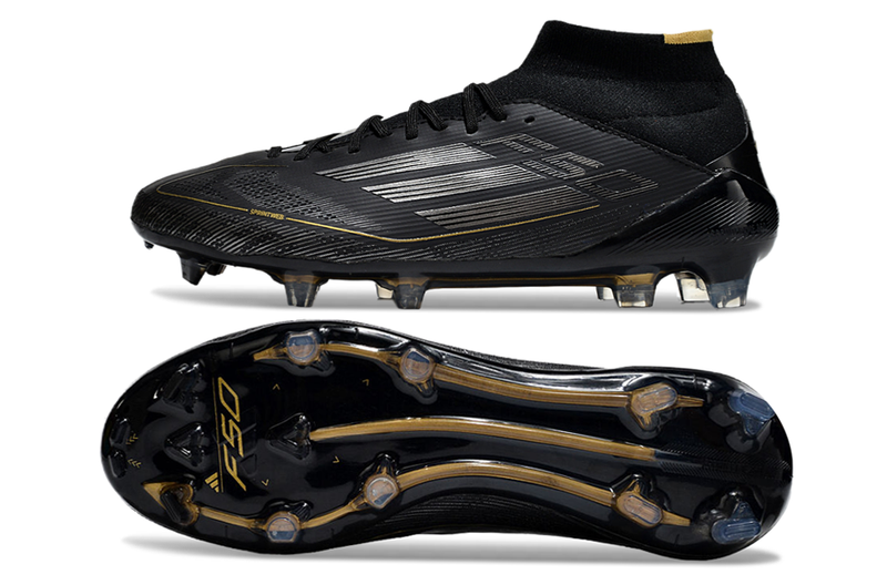 Chuteira Campo Adidas F50 Cano Médio FG Preto e Dourado
