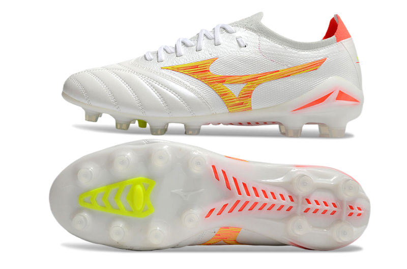 Chuteira Campo Mizuno Morelia Neo 4 Beta FG Branca e Laranja